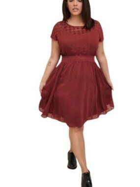 Torrid Womens Mini Skater Dress Maroon Clip Dot Crochet Lace Chiffon Plus 4X